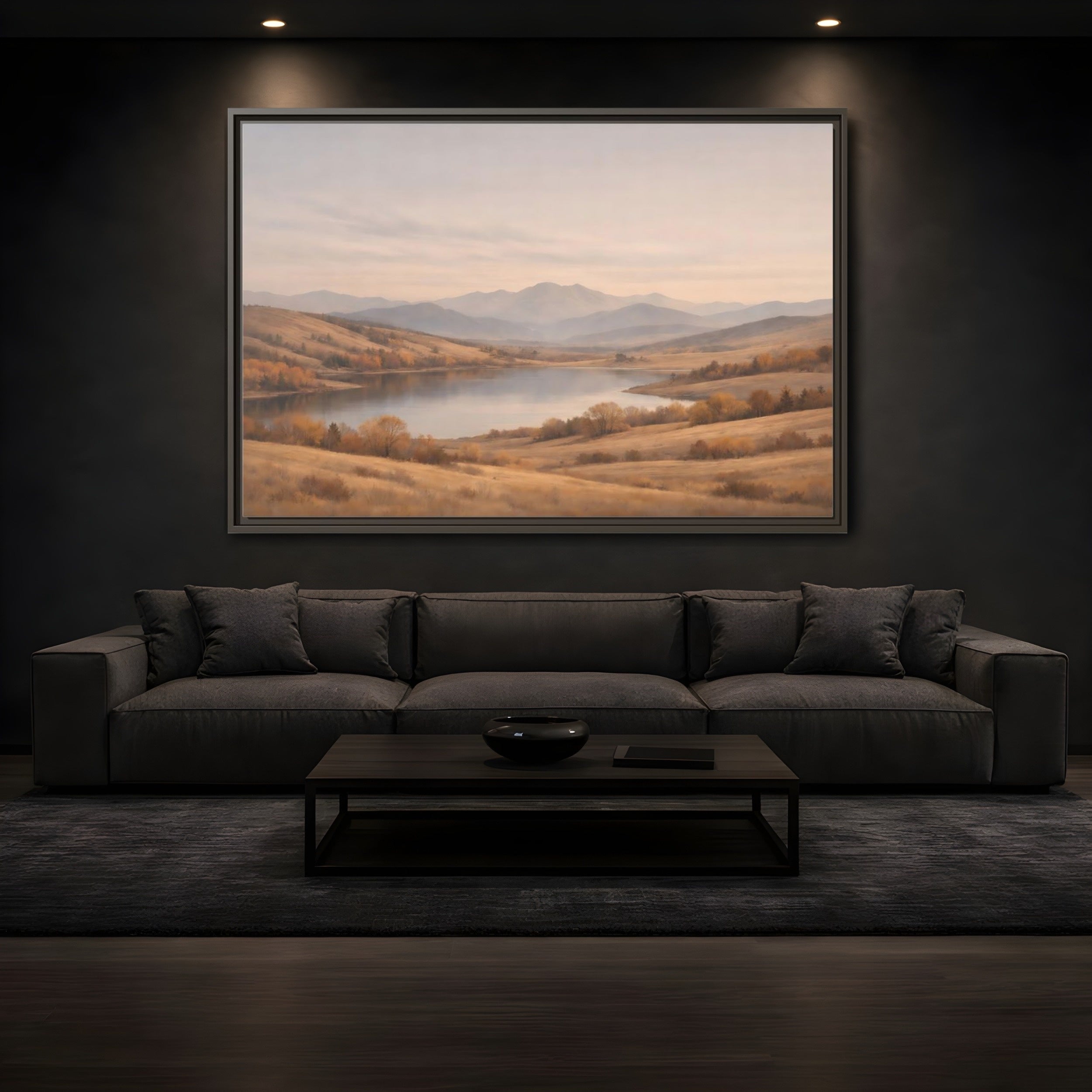Mockup 3. Nature Mountain Lake Golden Hues shown as stretched canvas wall art