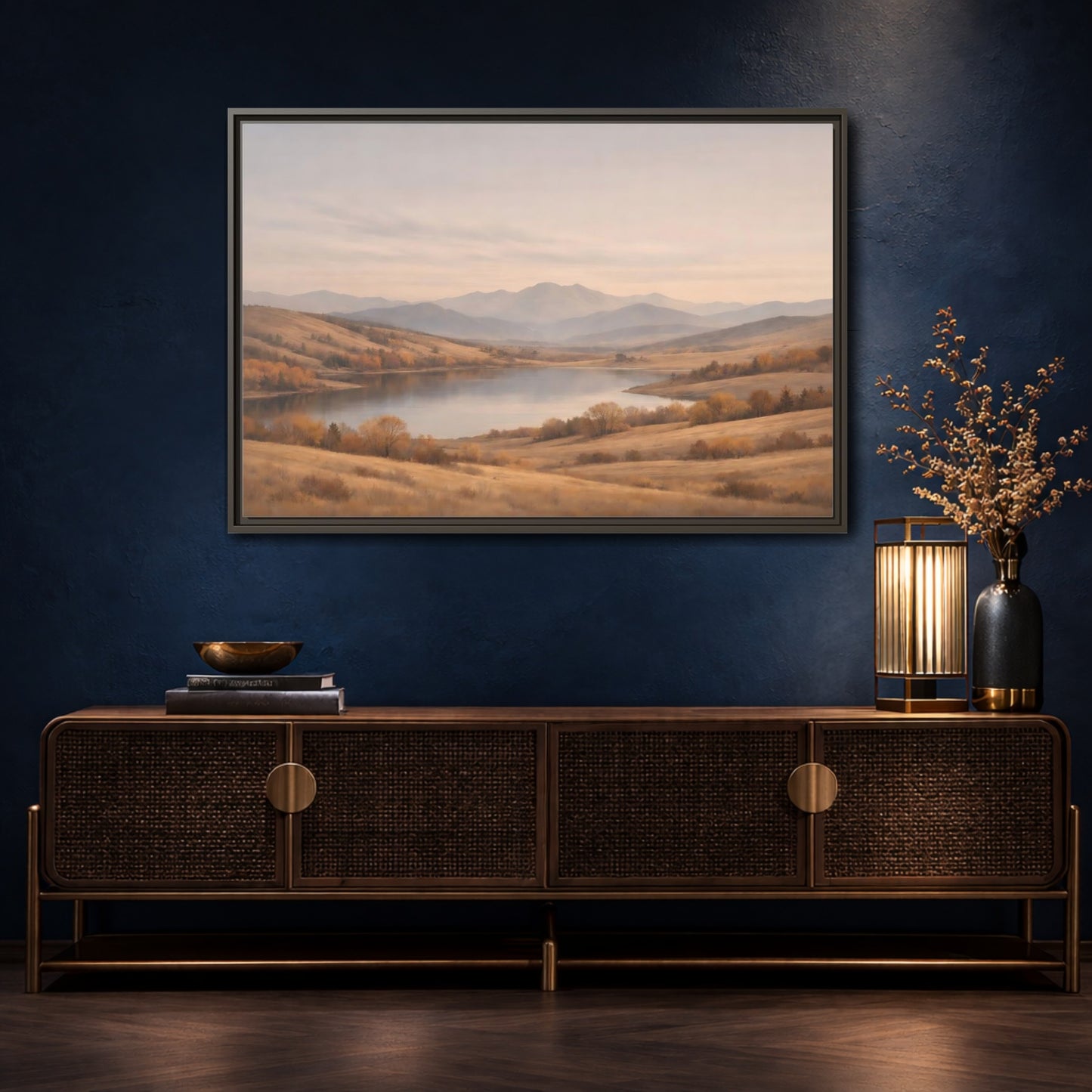 Mockup 4. Nature Mountain Lake Golden Hues shown as stretched canvas wall art