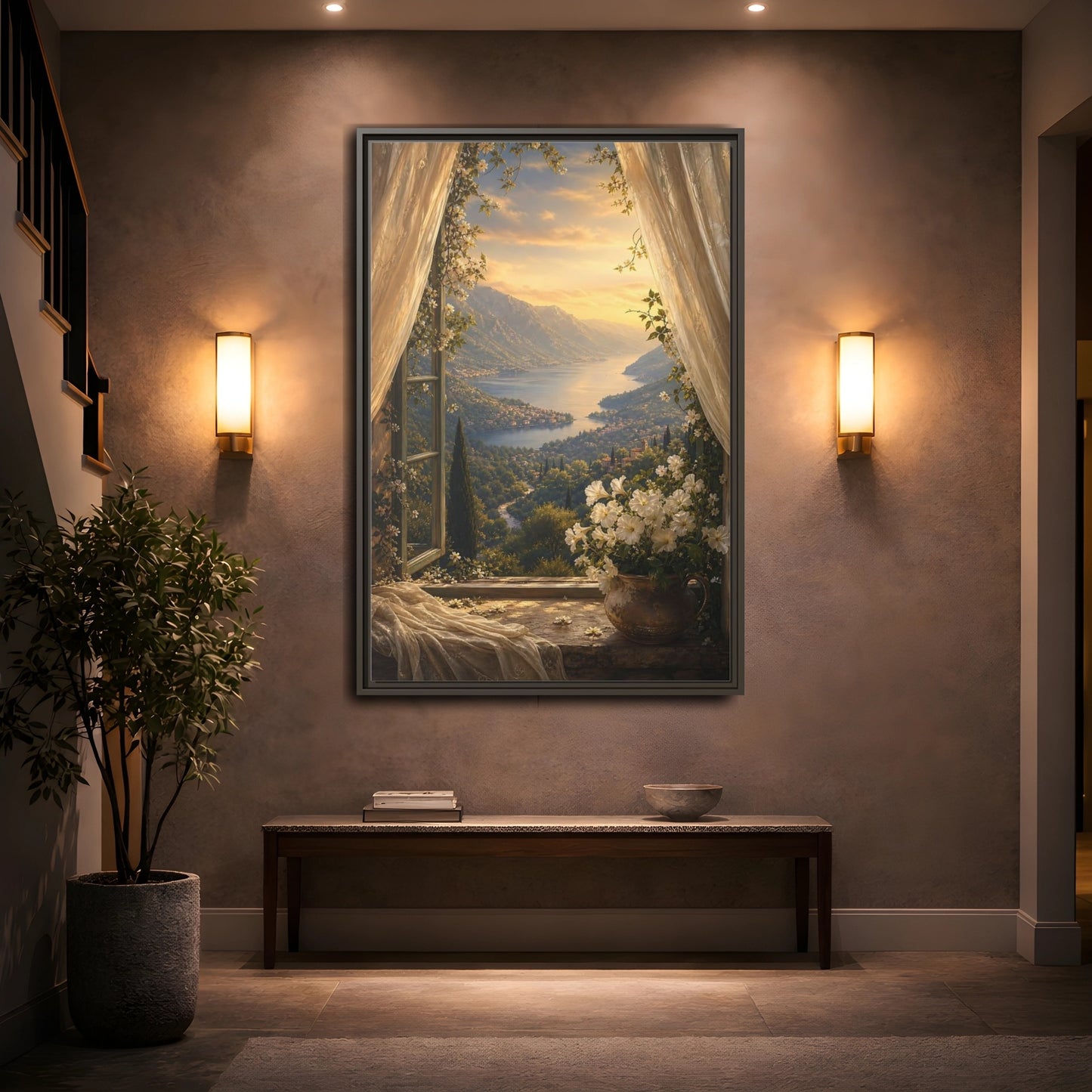 Mockup 2. Nature Mountain Lake Golden Lake Mountain shown as stretched canvas wall art