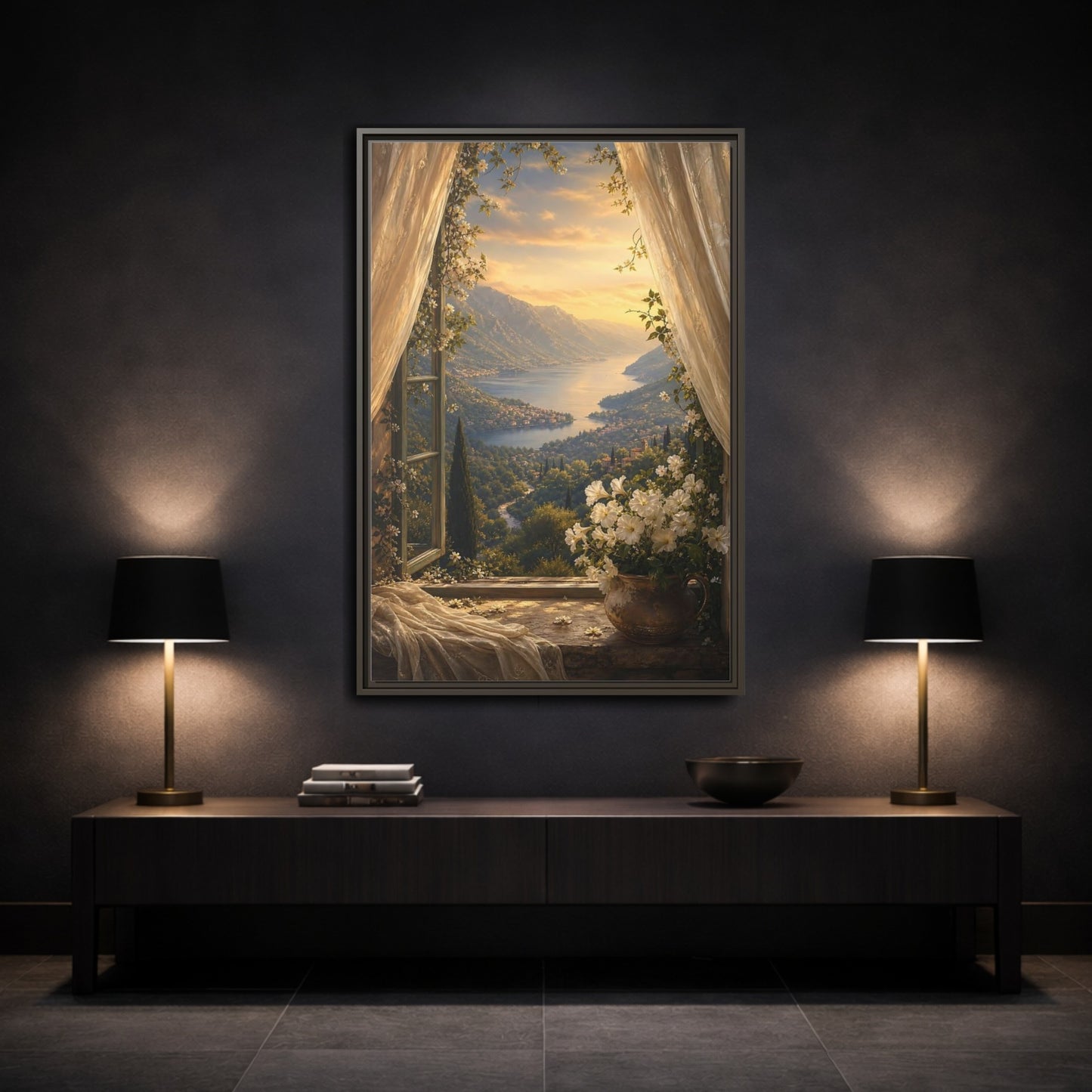 Mockup 3. Nature Mountain Lake Golden Lake Mountain shown as stretched canvas wall art