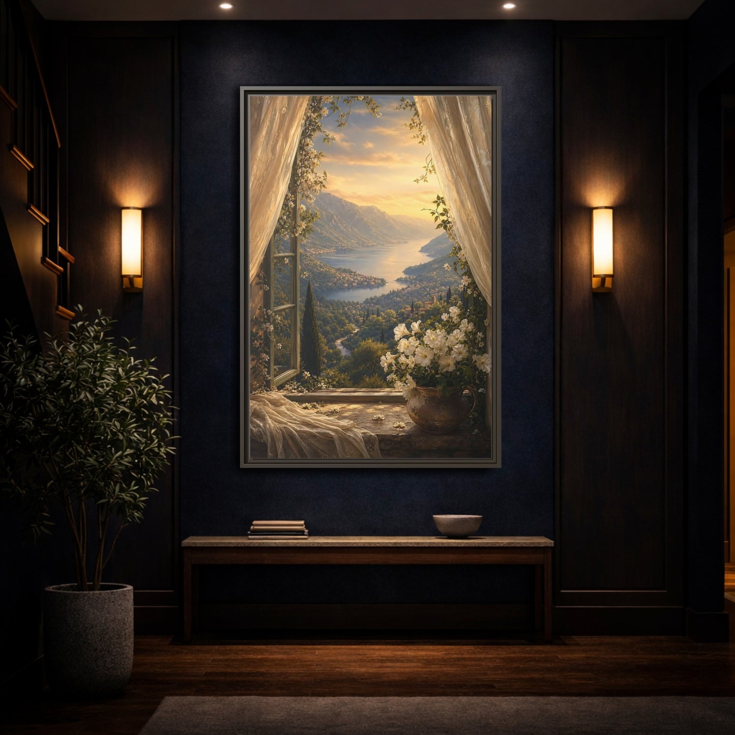 Mockup 4. Nature Mountain Lake Golden Lake Mountain shown as stretched canvas wall art