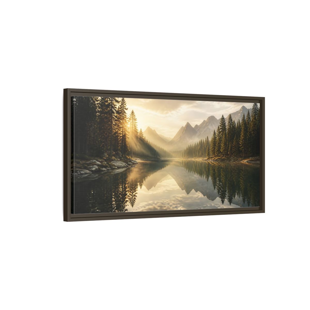 Main Mockup. Nature Mountain Lake Golden Light Landscape shown as stretched canvas wall art
