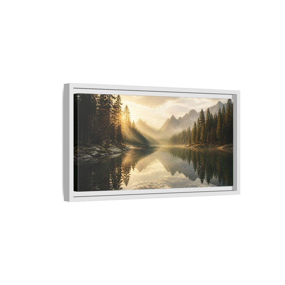 Side Mockup 6. Nature Mountain Lake Golden Light Landscape shown as stretched canvas wall art