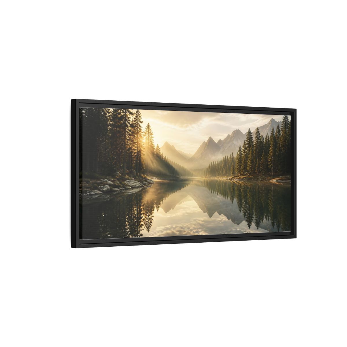 Side Mockup 2. Nature Mountain Lake Golden Light Landscape shown as stretched canvas wall art