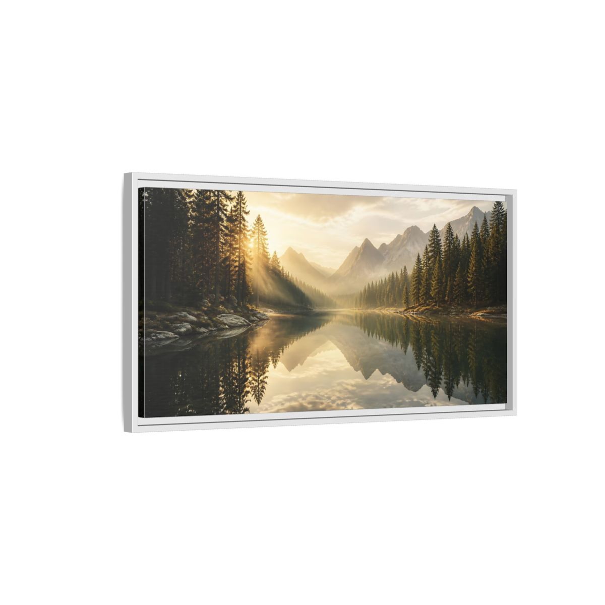 Side Mockup 1. Nature Mountain Lake Golden Light Landscape shown as stretched canvas wall art