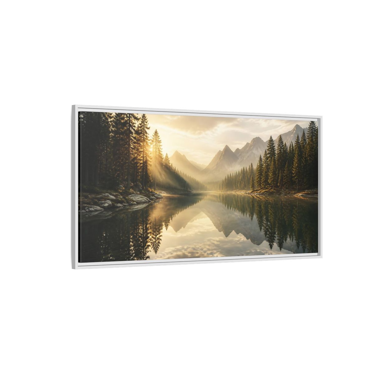 Side Mockup 3. Nature Mountain Lake Golden Light Landscape shown as stretched canvas wall art
