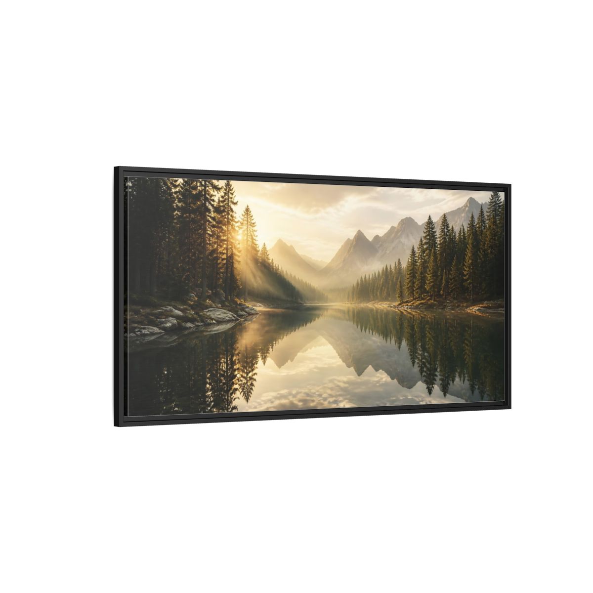 Side Mockup 5. Nature Mountain Lake Golden Light Landscape shown as stretched canvas wall art