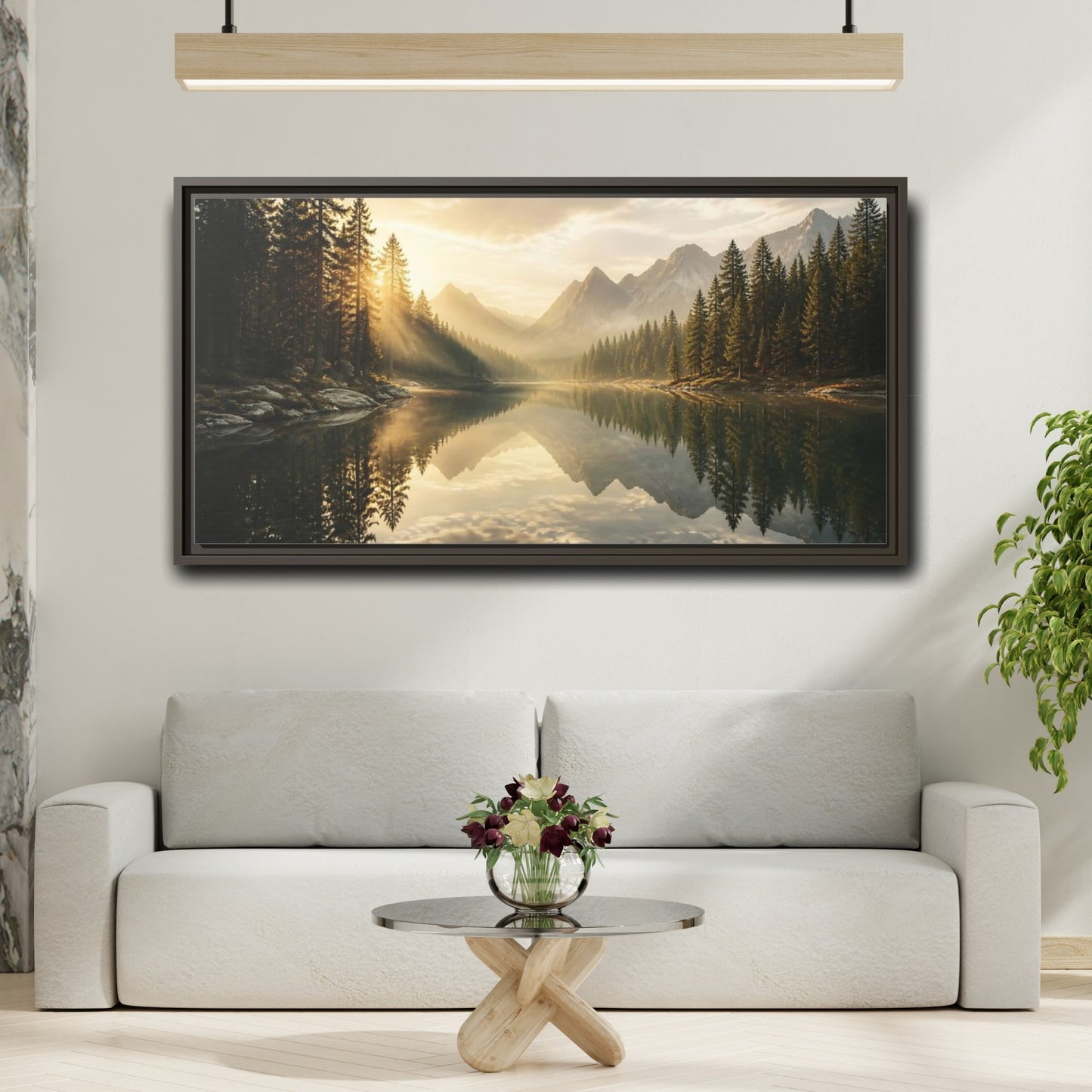 Mockup 2. Nature Mountain Lake Golden Light Landscape shown as stretched canvas wall art