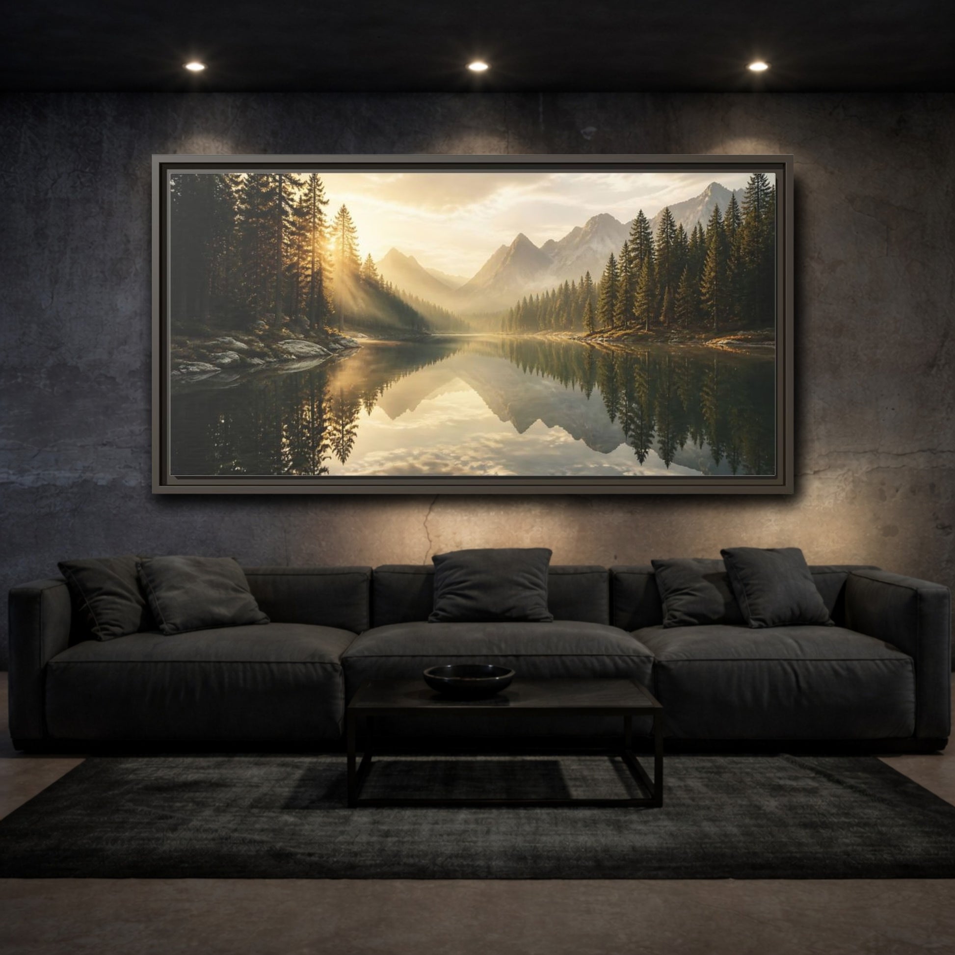 Mockup 3. Nature Mountain Lake Golden Light Landscape shown as stretched canvas wall art