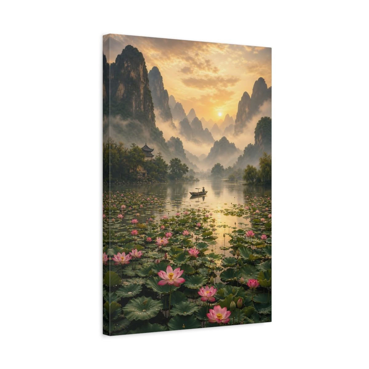 Side Mockup 3. Nature Mountain Lake Golden Lotus Landscape shown as stretched canvas wall art