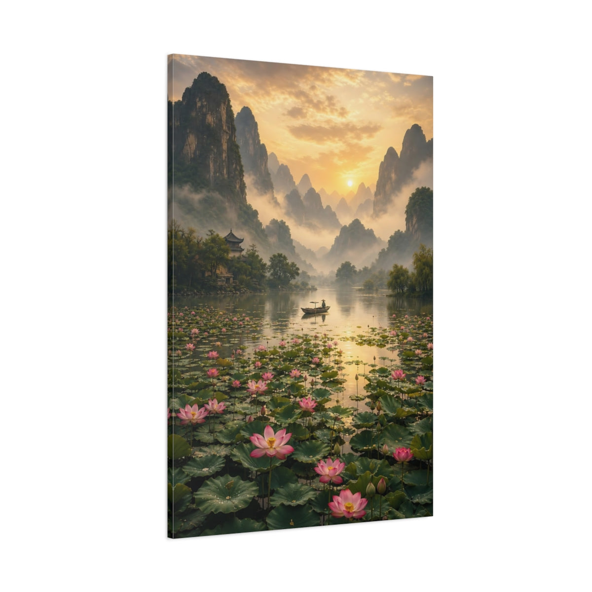 Side Mockup 1. Nature Mountain Lake Golden Lotus Landscape shown as stretched canvas wall art
