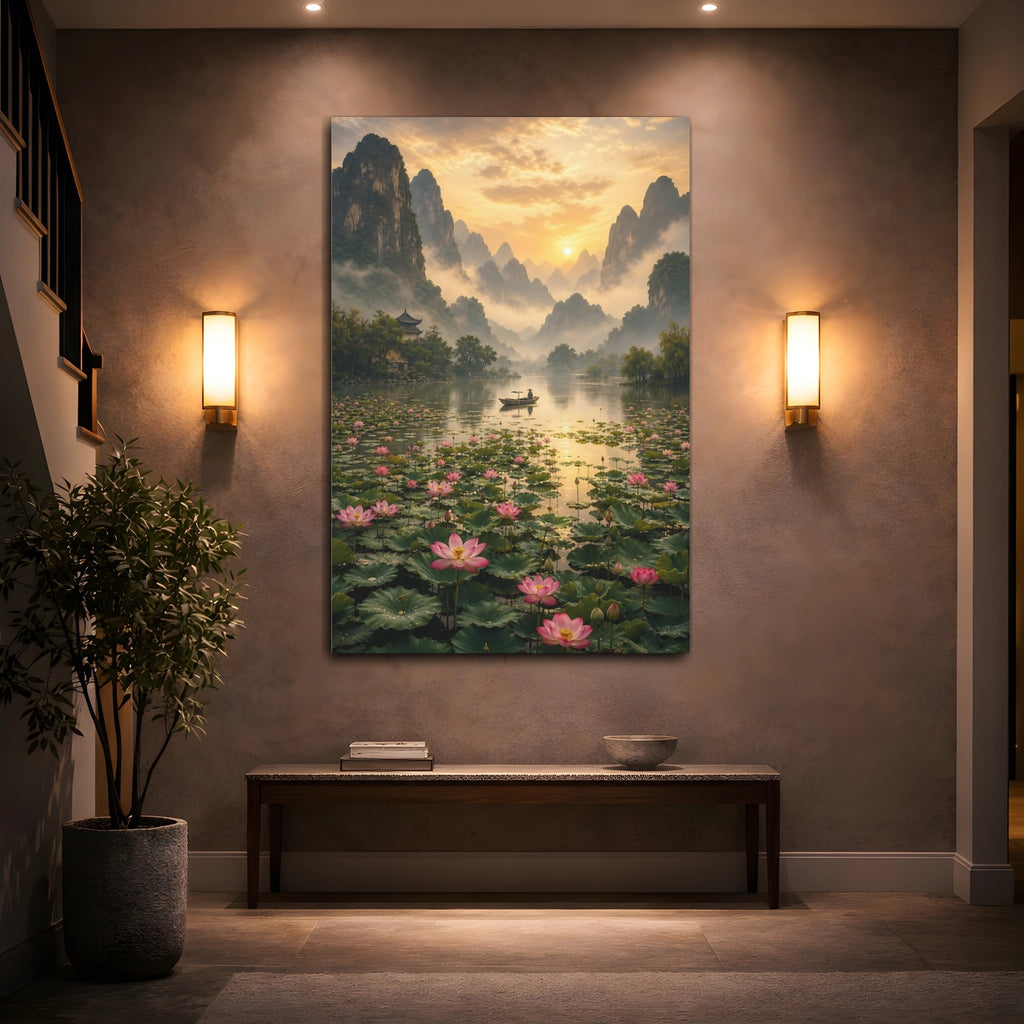 Mockup 2. Nature Mountain Lake Golden Lotus Landscape shown as stretched canvas wall art