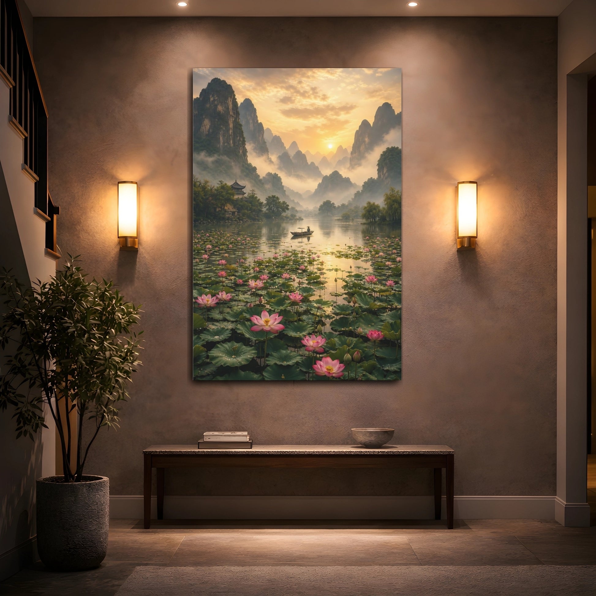 Mockup 2. Nature Mountain Lake Golden Lotus Landscape shown as stretched canvas wall art