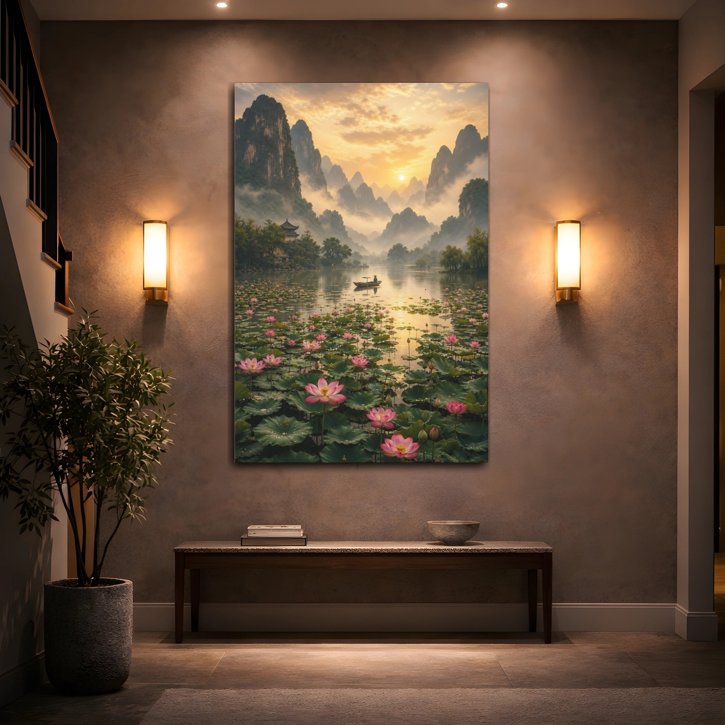 Mockup 2. Nature Mountain Lake Golden Lotus Landscape shown as stretched canvas wall art