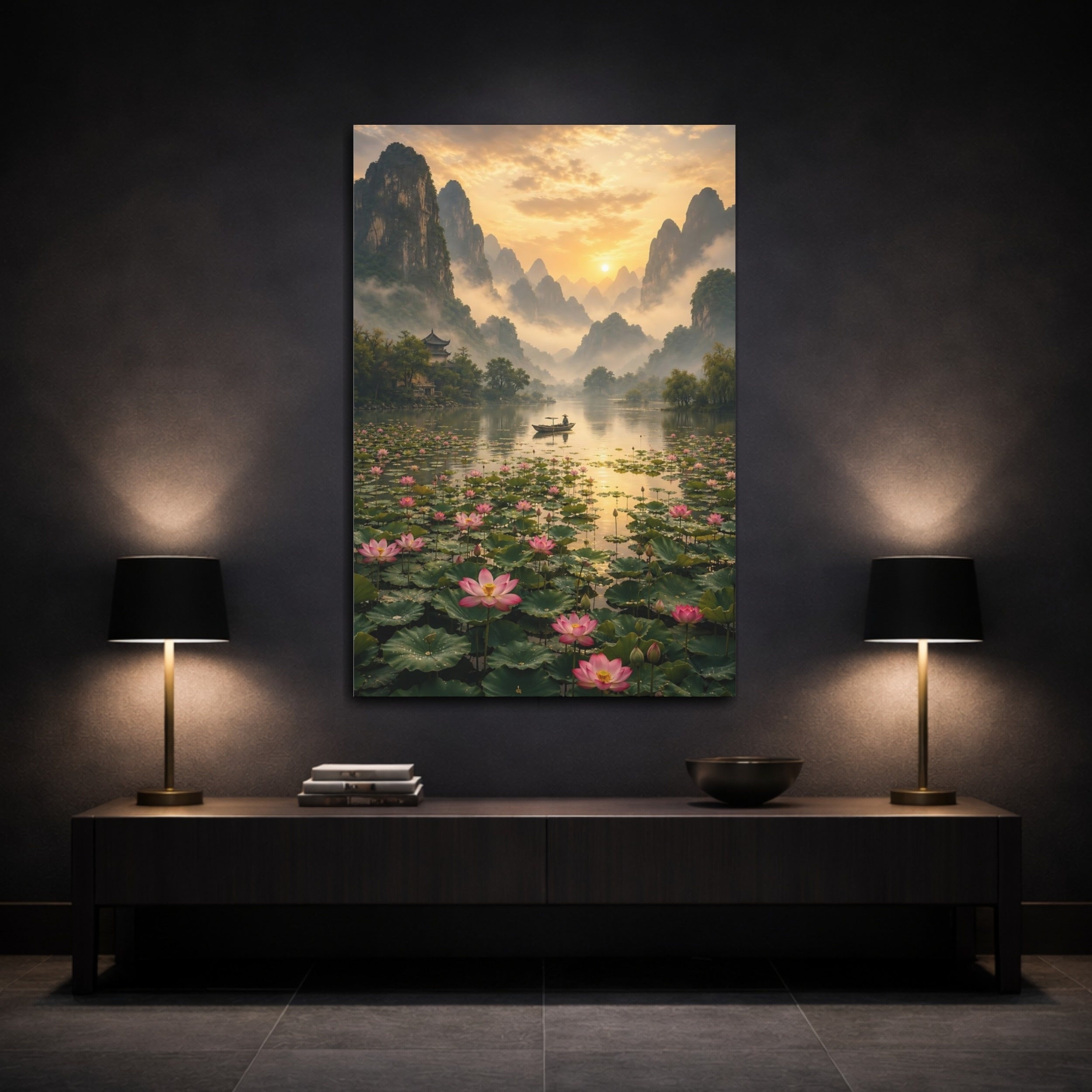 Mockup 3. Nature Mountain Lake Golden Lotus Landscape shown as stretched canvas wall art