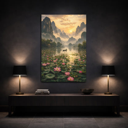 Mockup 3. Nature Mountain Lake Golden Lotus Landscape shown as stretched canvas wall art
