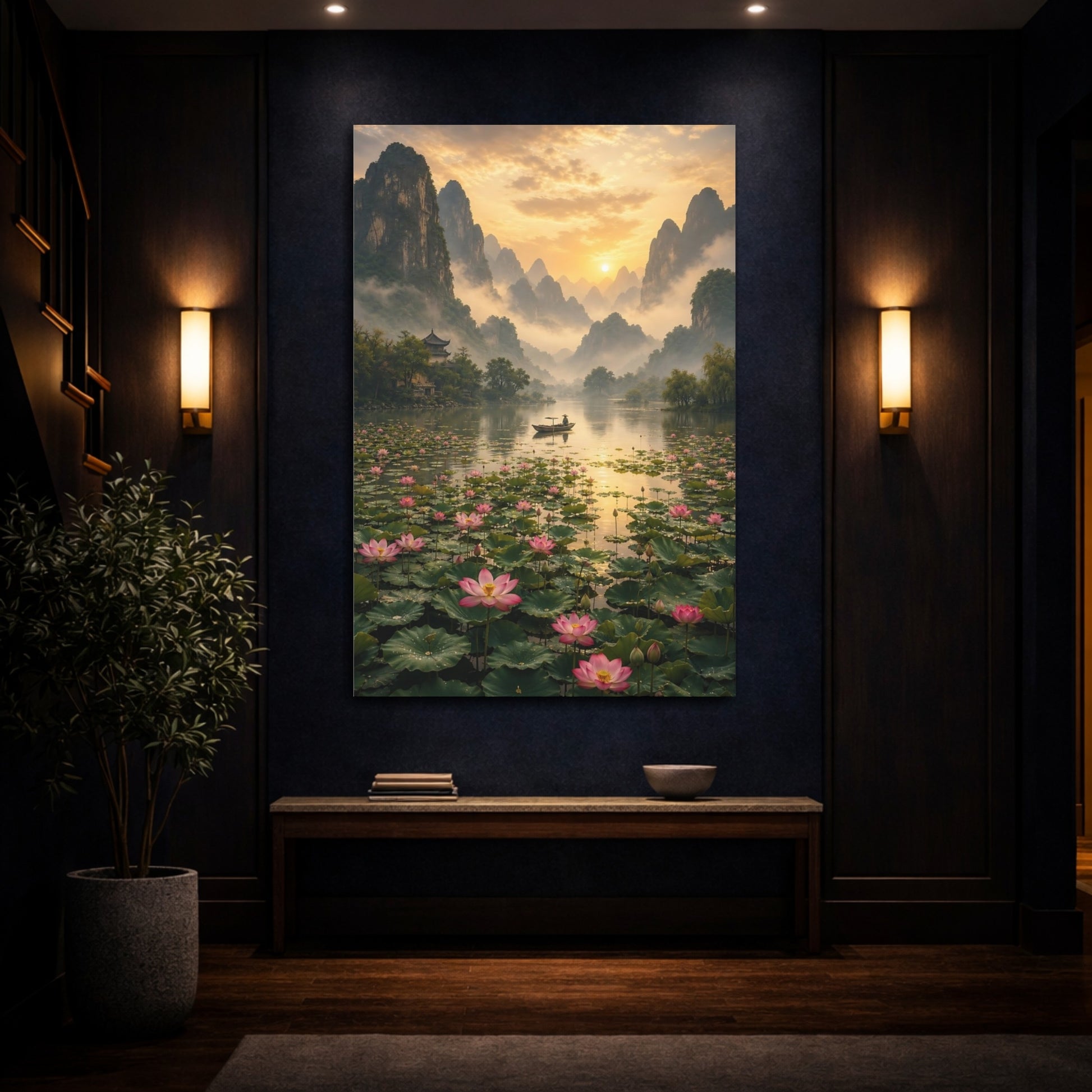 Mockup 4. Nature Mountain Lake Golden Lotus Landscape shown as stretched canvas wall art