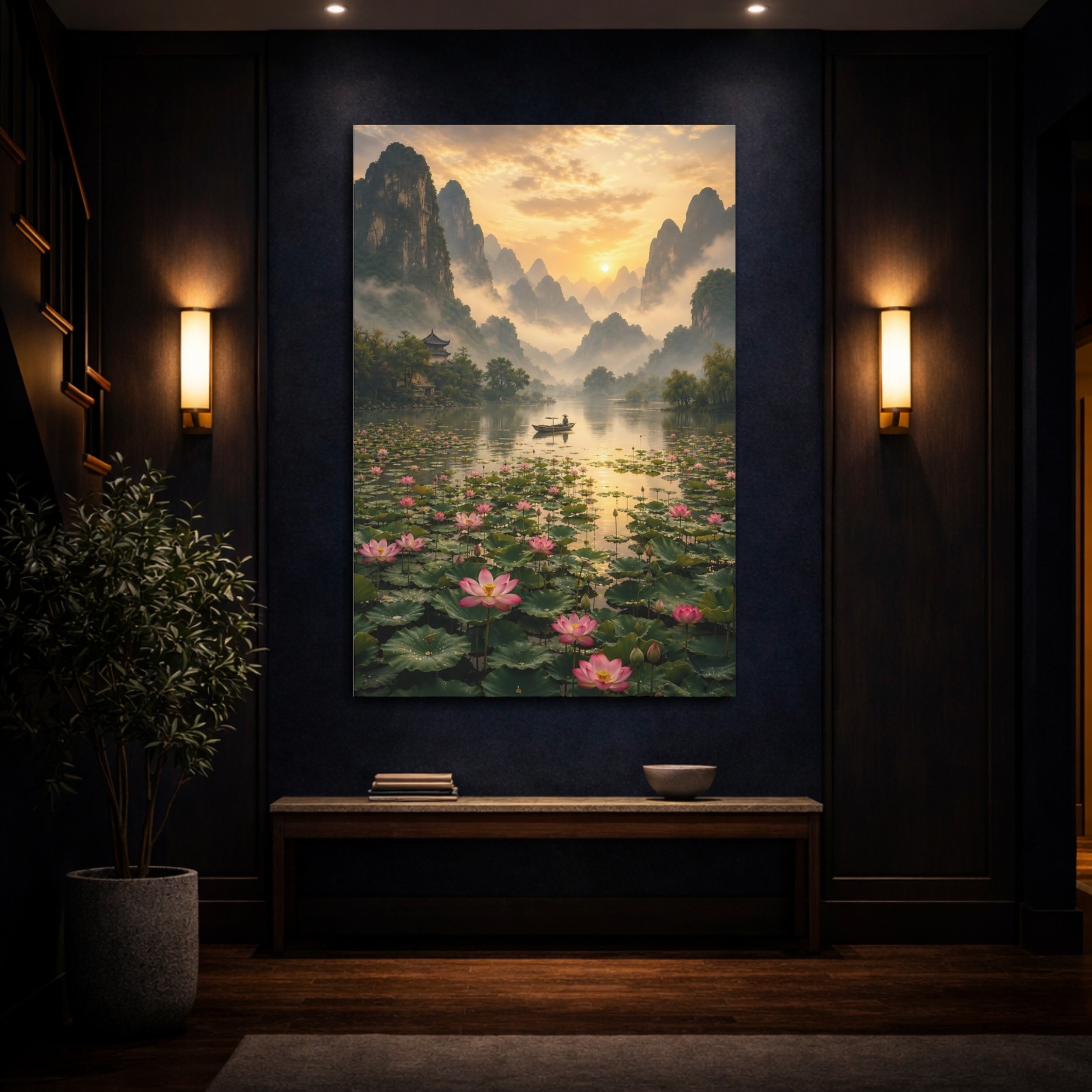 Mockup 4. Nature Mountain Lake Golden Lotus Landscape shown as stretched canvas wall art