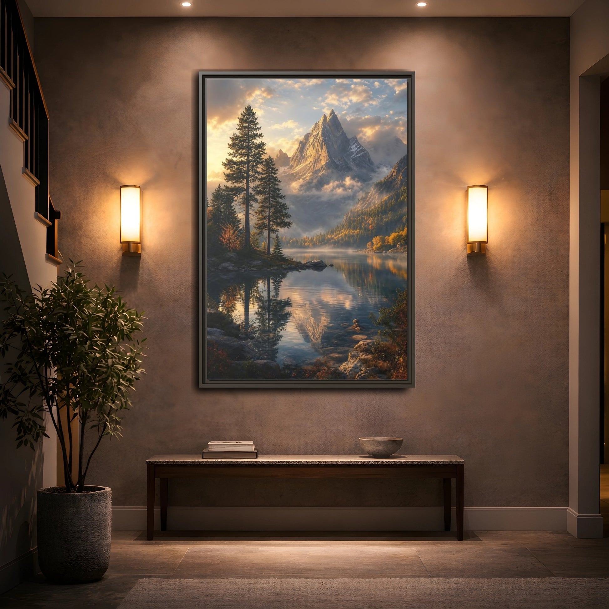 Mockup 2. Nature Mountain Lake Golden Mountain Lake shown as stretched canvas wall art