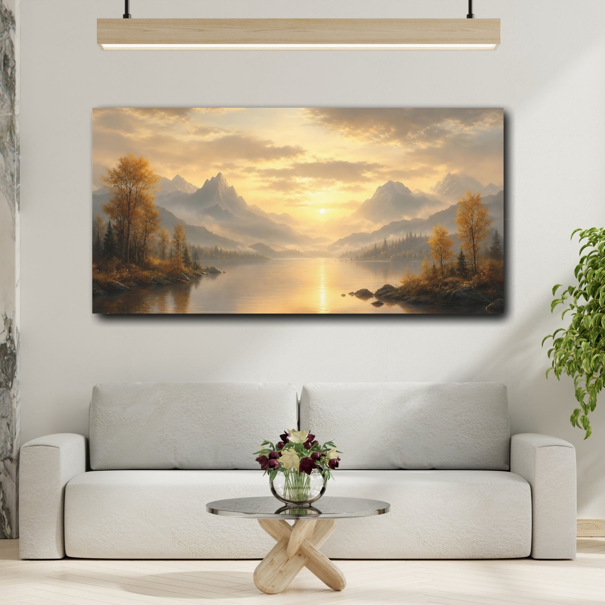 Mockup 2. Nature Mountain Lake Golden Mountain Lake shown as stretched canvas wall art