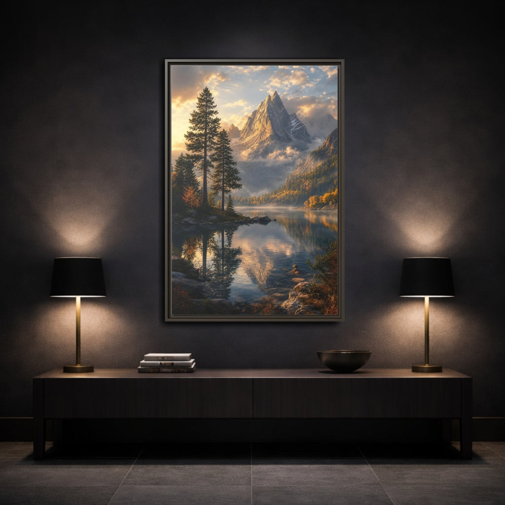 Mockup 3. Nature Mountain Lake Golden Mountain Lake shown as stretched canvas wall art