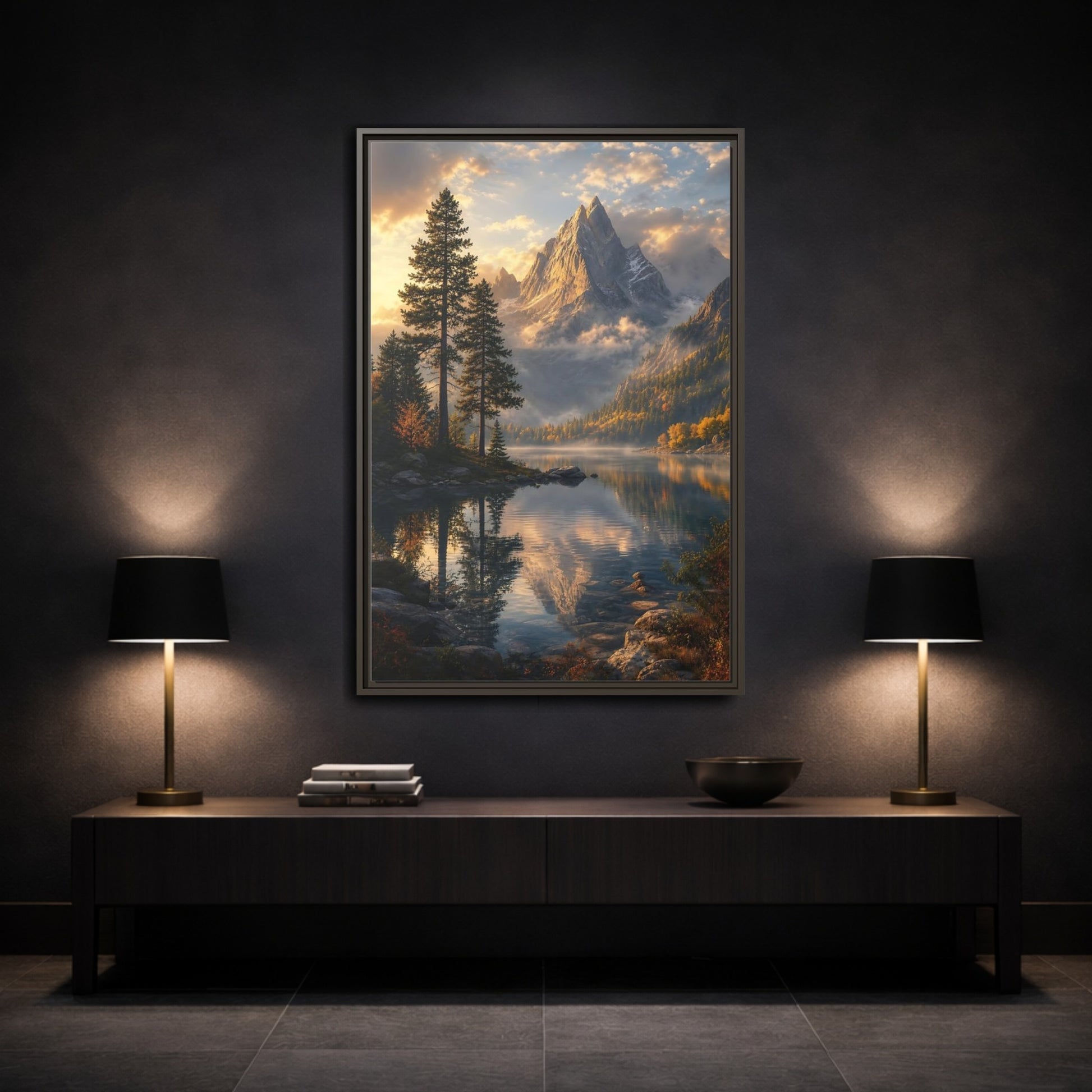 Mockup 3. Nature Mountain Lake Golden Mountain Lake shown as stretched canvas wall art