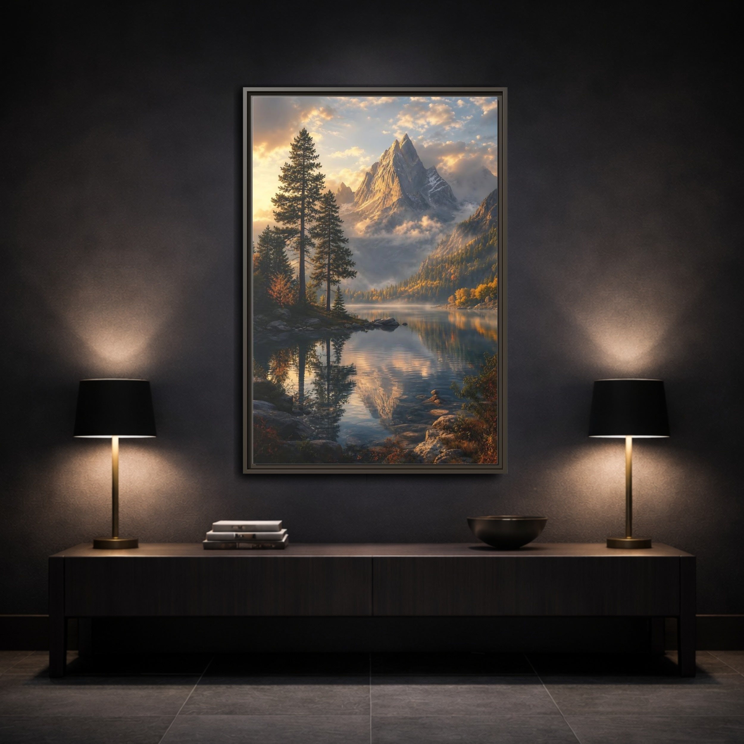 Mockup 3. Nature Mountain Lake Golden Mountain Lake shown as stretched canvas wall art