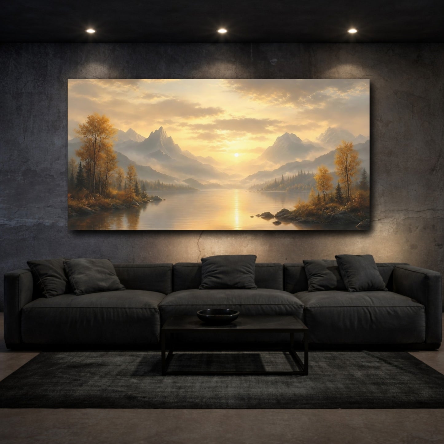 Mockup 3. Nature Mountain Lake Golden Mountain Lake shown as stretched canvas wall art