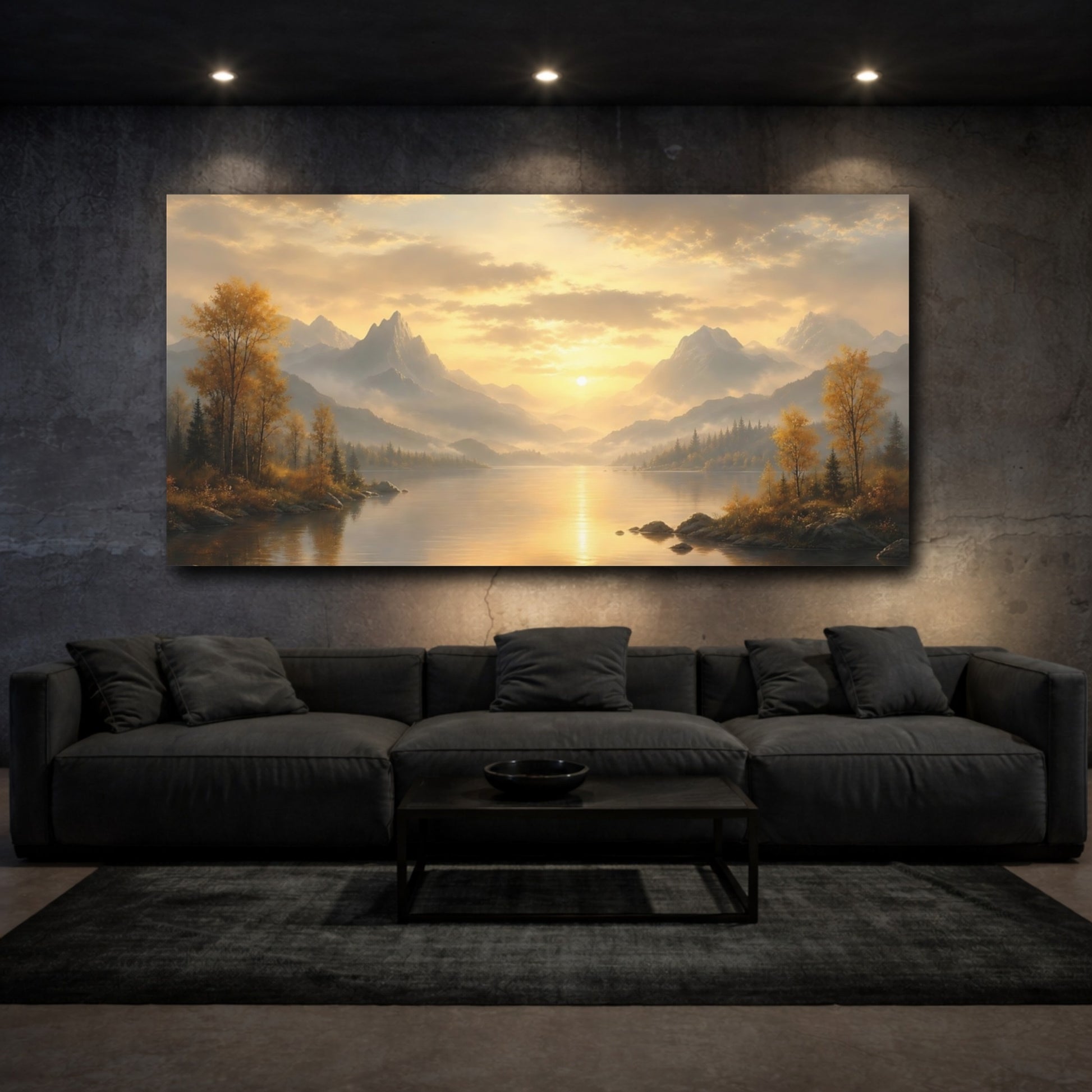 Mockup 3. Nature Mountain Lake Golden Mountain Lake shown as stretched canvas wall art