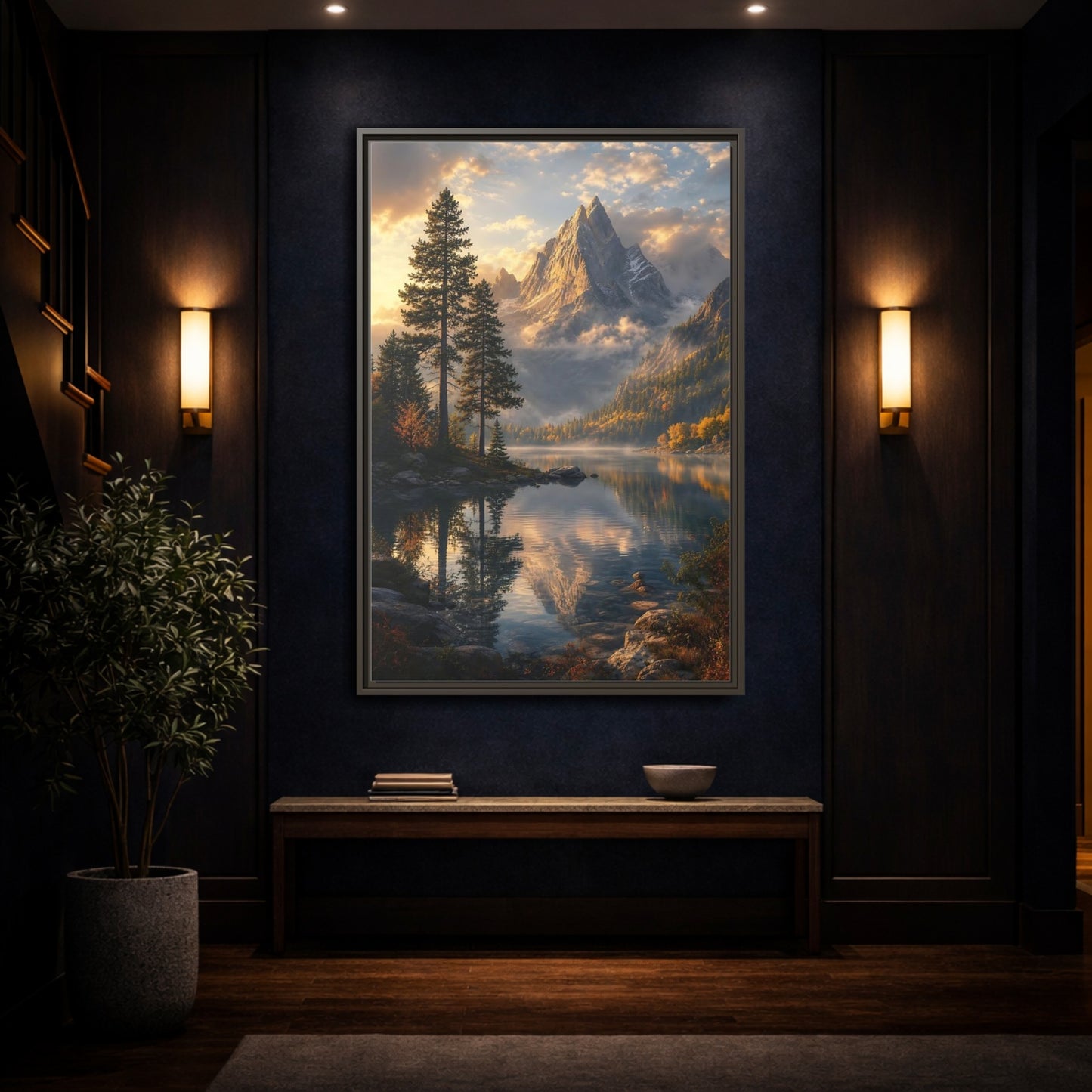 Mockup 4. Nature Mountain Lake Golden Mountain Lake shown as stretched canvas wall art