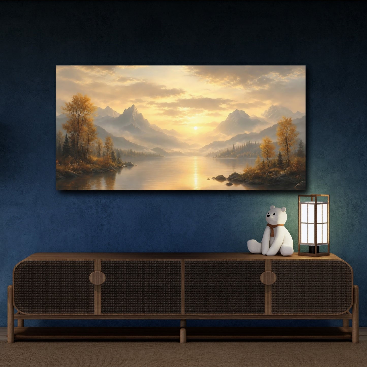 Mockup 4. Nature Mountain Lake Golden Mountain Lake shown as stretched canvas wall art