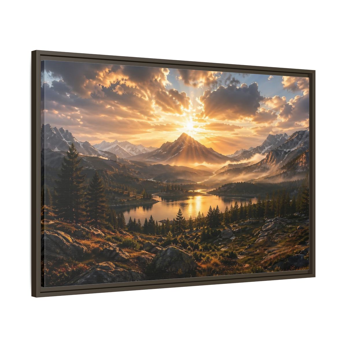 Main Mockup. Nature Mountain Lake Golden Mountain Sunset shown as stretched canvas wall art