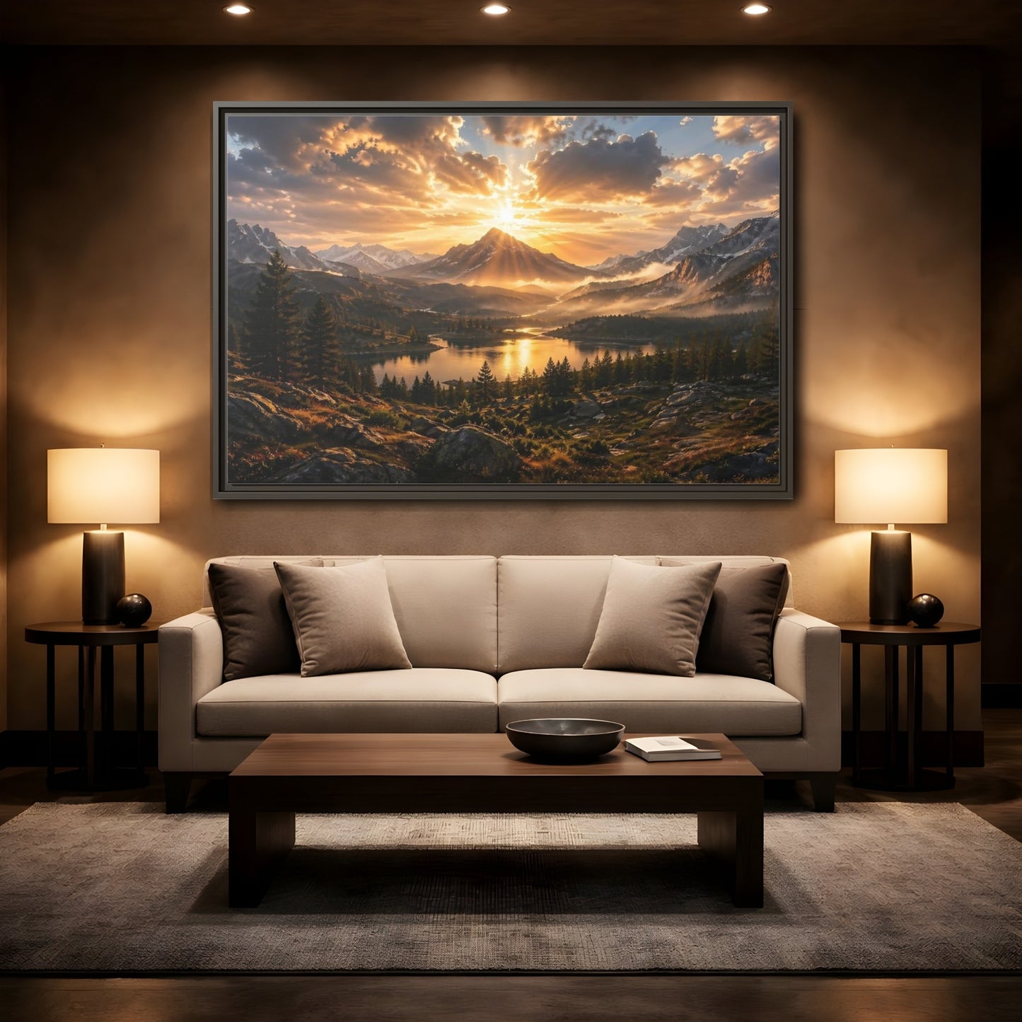 Mockup 2. Nature Mountain Lake Golden Mountain Sunset shown as stretched canvas wall art