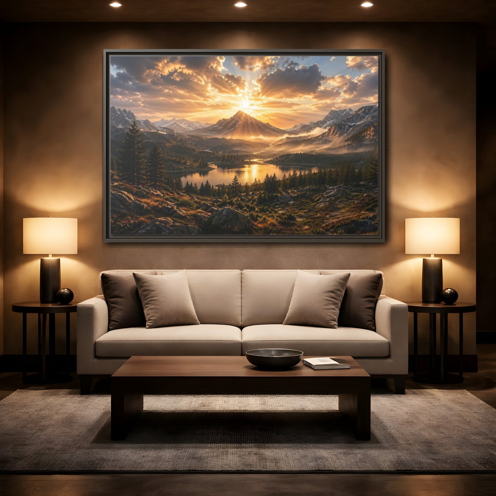 Mockup 2. Nature Mountain Lake Golden Mountain Sunset shown as stretched canvas wall art