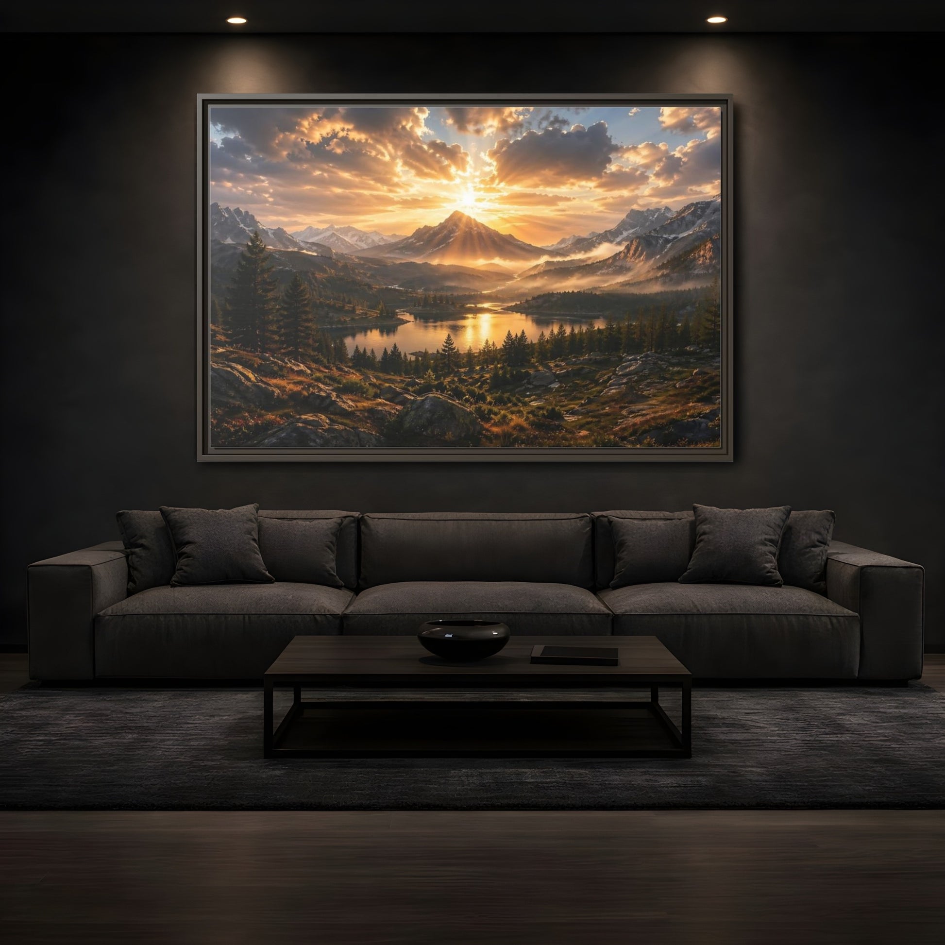Mockup 3. Nature Mountain Lake Golden Mountain Sunset shown as stretched canvas wall art