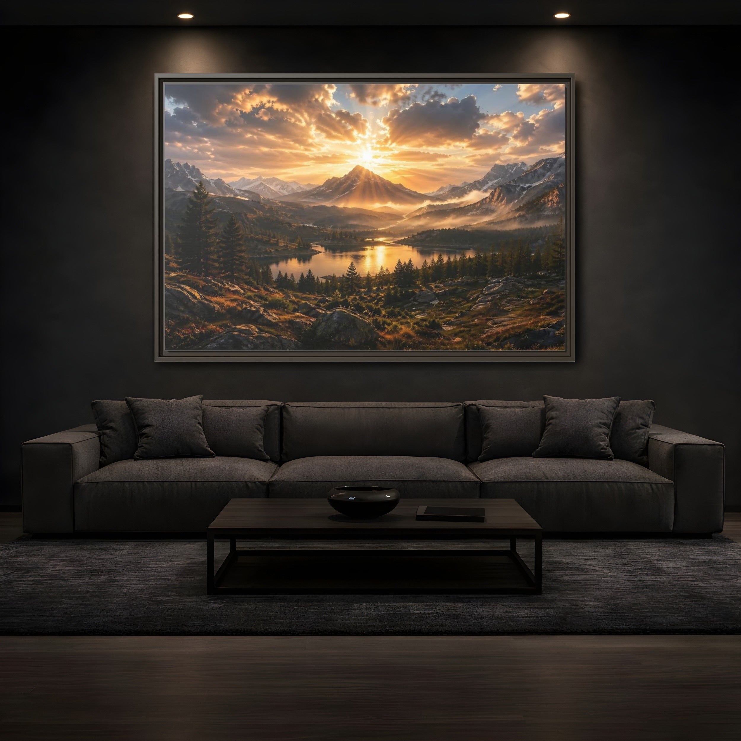 Mockup 3. Nature Mountain Lake Golden Mountain Sunset shown as stretched canvas wall art