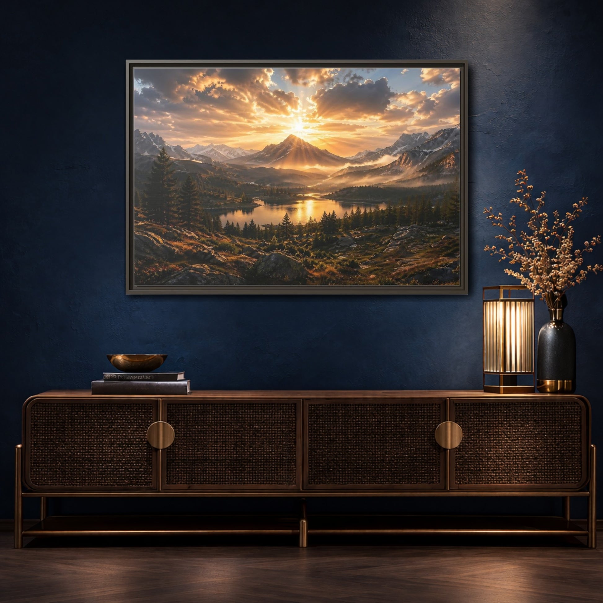 Mockup 4. Nature Mountain Lake Golden Mountain Sunset shown as stretched canvas wall art