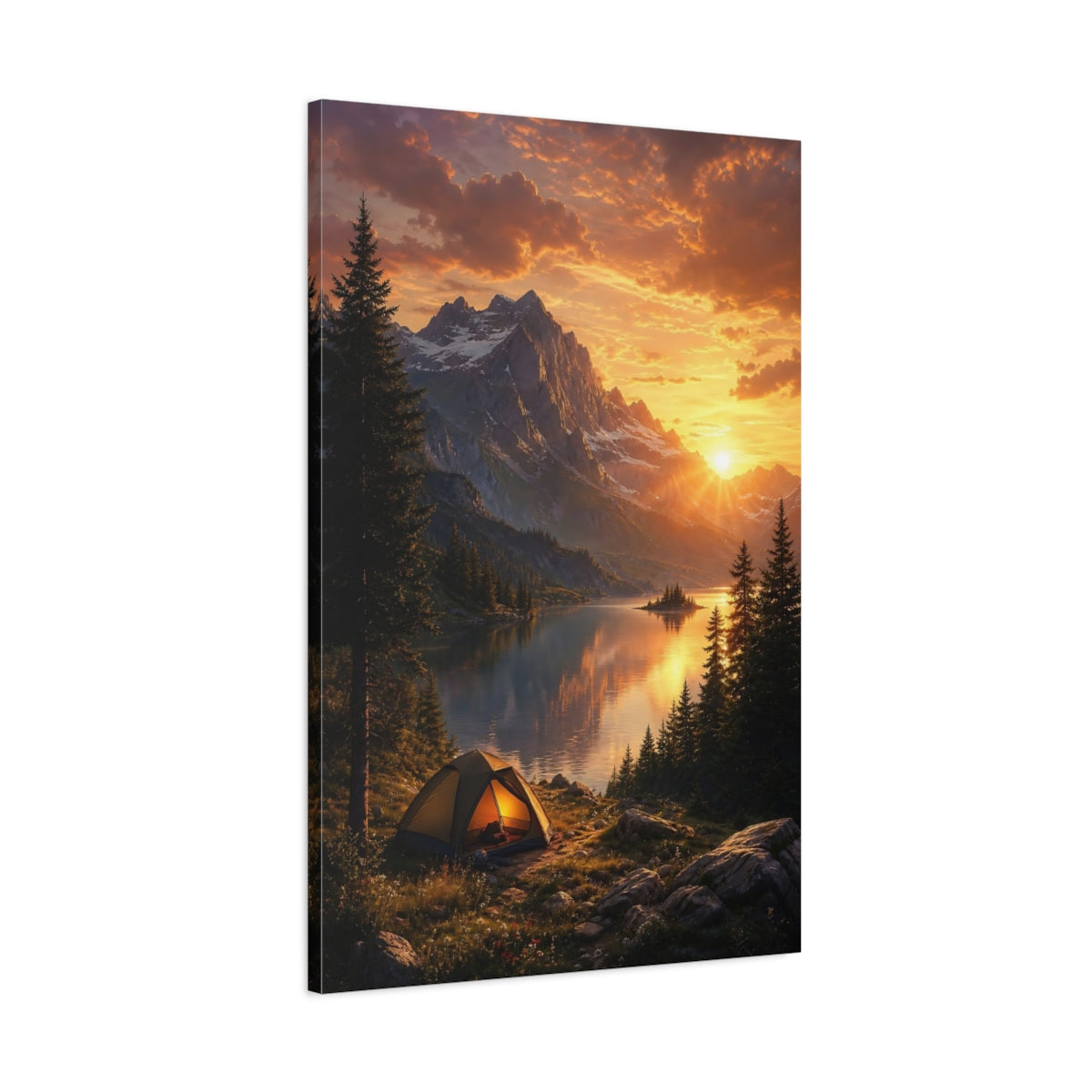 Main Mockup. Nature Mountain Lake Golden Sunset shown as stretched canvas wall art