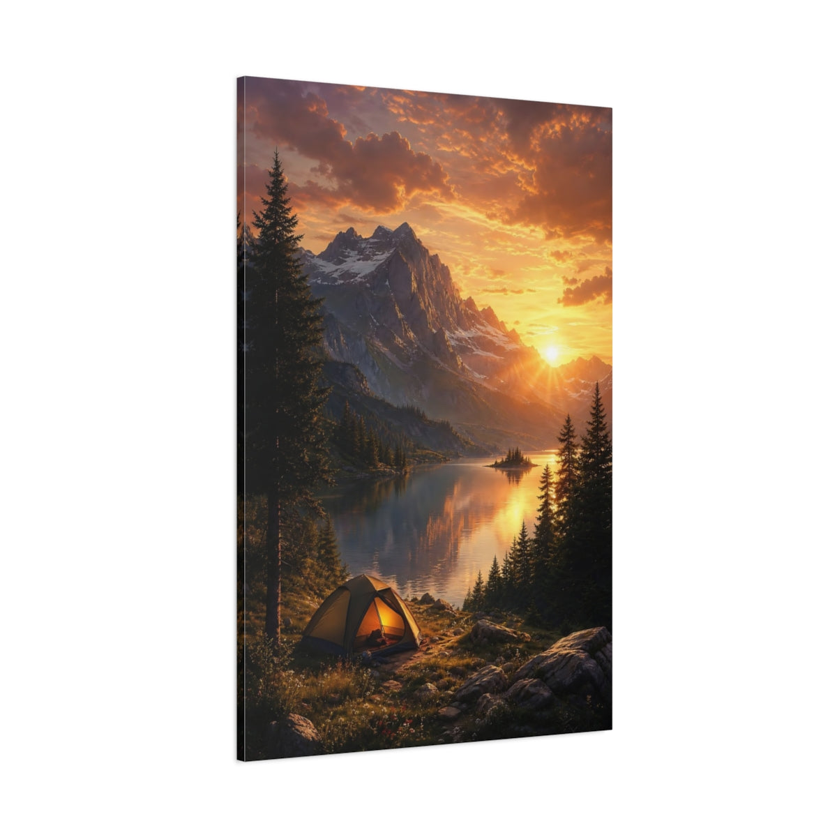 Side Mockup 1. Nature Mountain Lake Golden Sunset shown as stretched canvas wall art