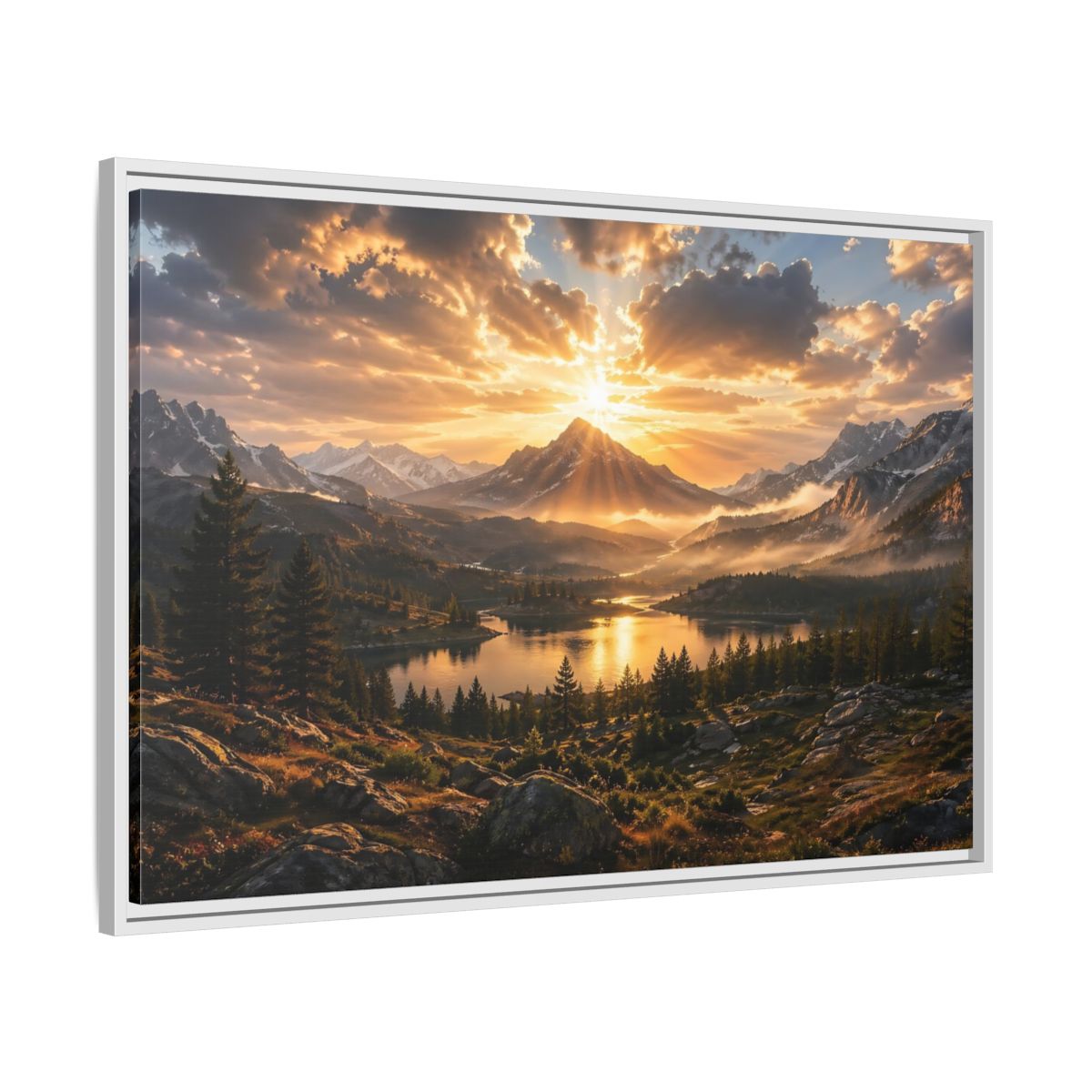 Side Mockup 9. Nature Mountain Lake Golden Mountain Sunset shown as stretched canvas wall art