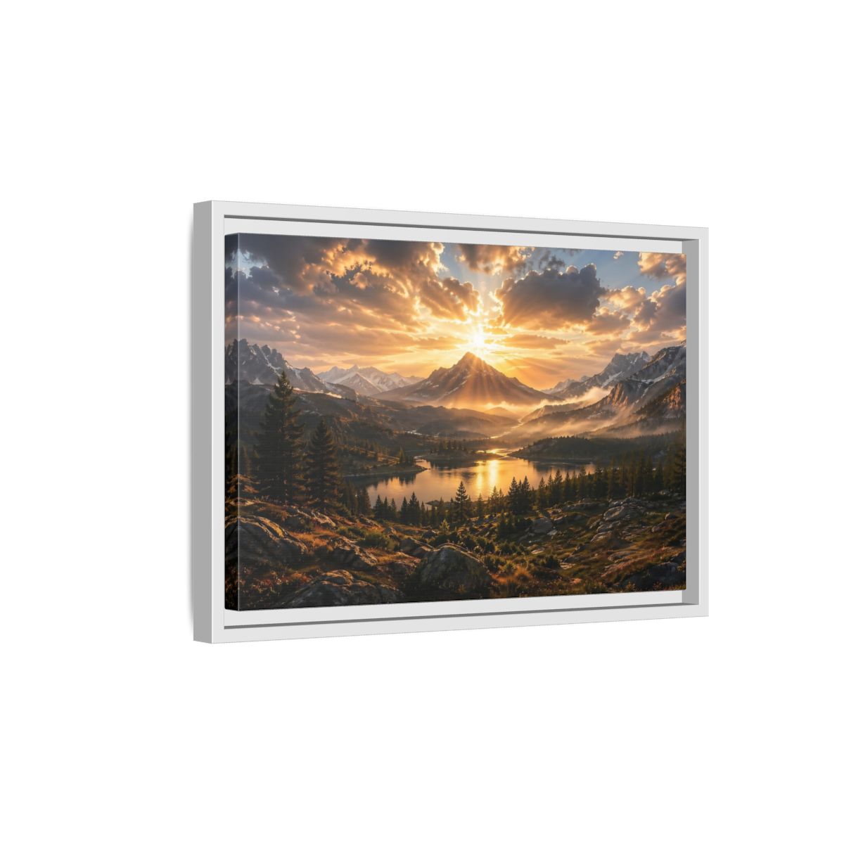 Side Mockup 4. Nature Mountain Lake Golden Mountain Sunset shown as stretched canvas wall art