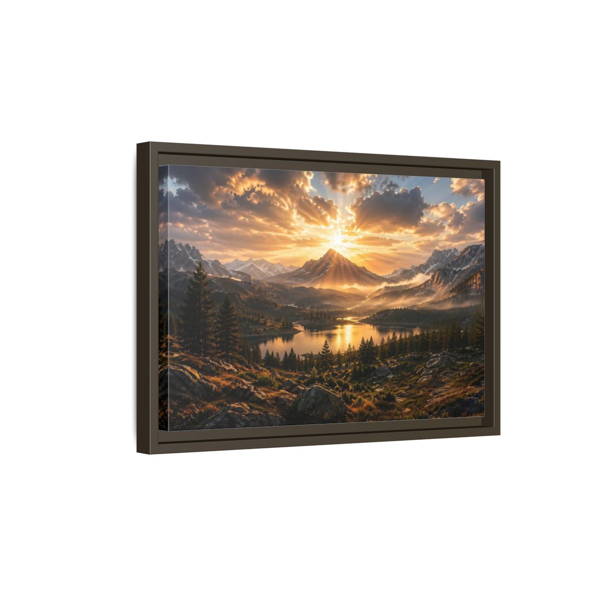 Side Mockup 5. Nature Mountain Lake Golden Mountain Sunset shown as stretched canvas wall art