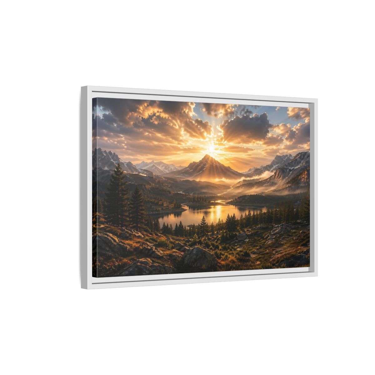 Side Mockup 1. Nature Mountain Lake Golden Mountain Sunset shown as stretched canvas wall art
