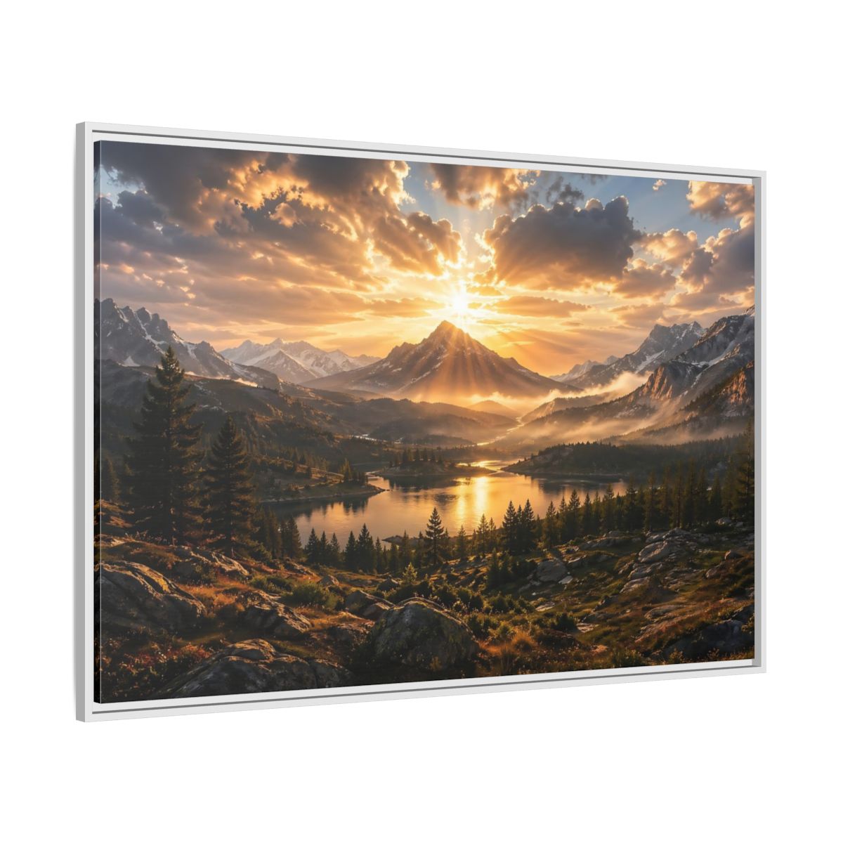 Side Mockup 7. Nature Mountain Lake Golden Mountain Sunset shown as stretched canvas wall art