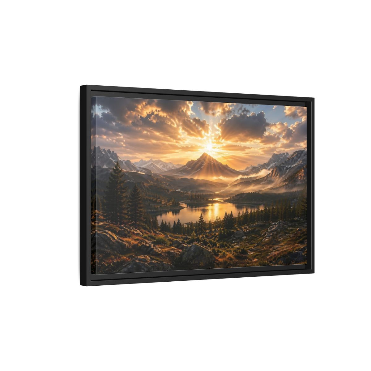 Side Mockup 3. Nature Mountain Lake Golden Mountain Sunset shown as stretched canvas wall art
