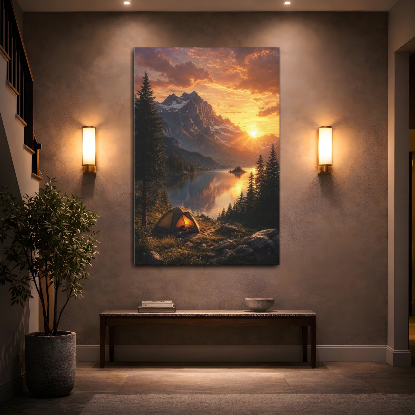 Mockup 2. Nature Mountain Lake Golden Sunset shown as stretched canvas wall art
