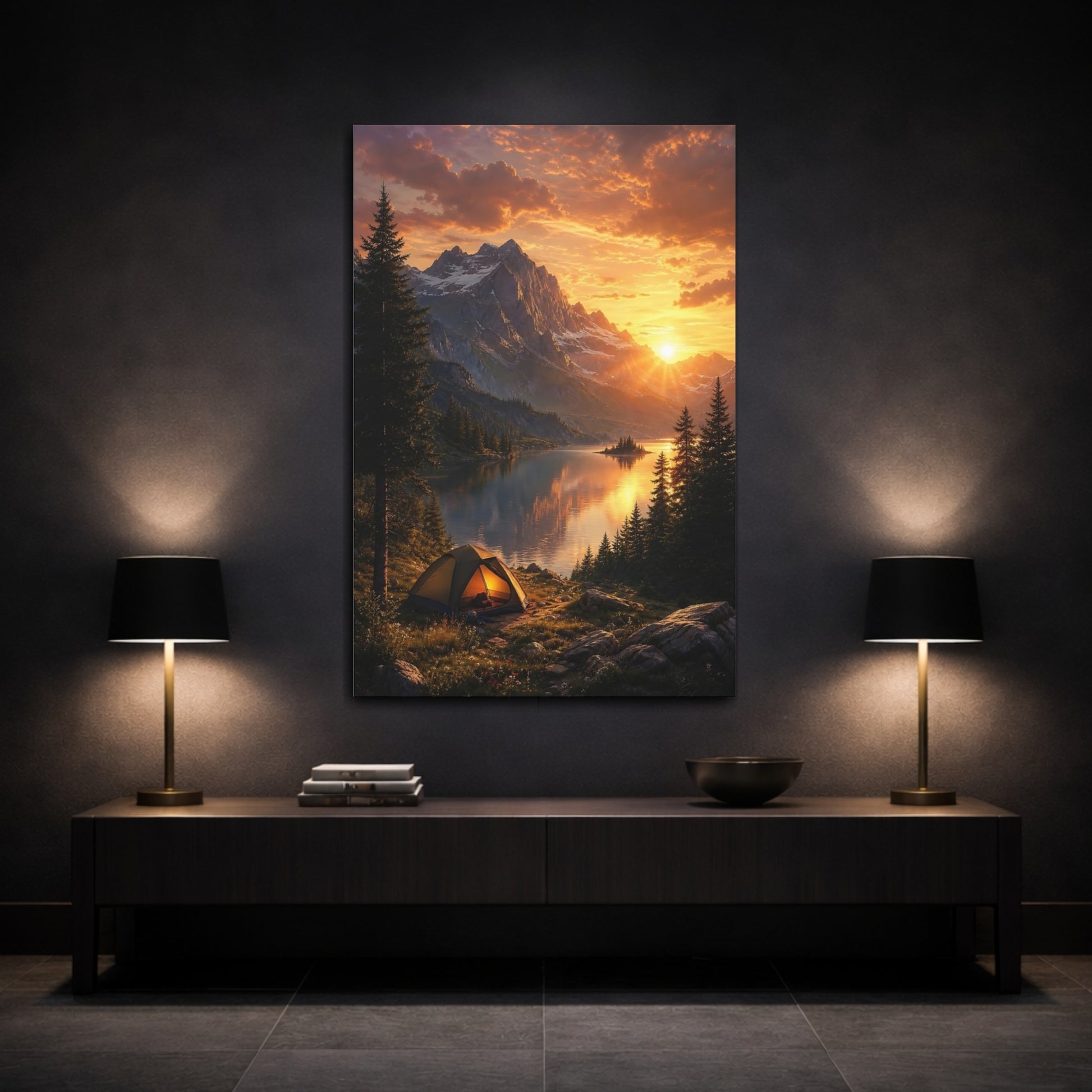 Mockup 3. Nature Mountain Lake Golden Sunset shown as stretched canvas wall art