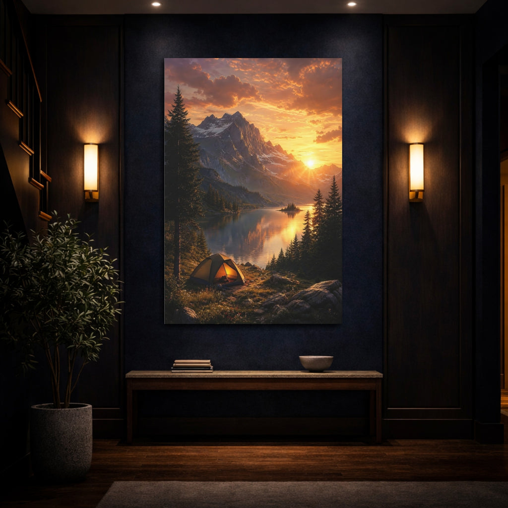 Mockup 4. Nature Mountain Lake Golden Sunset shown as stretched canvas wall art