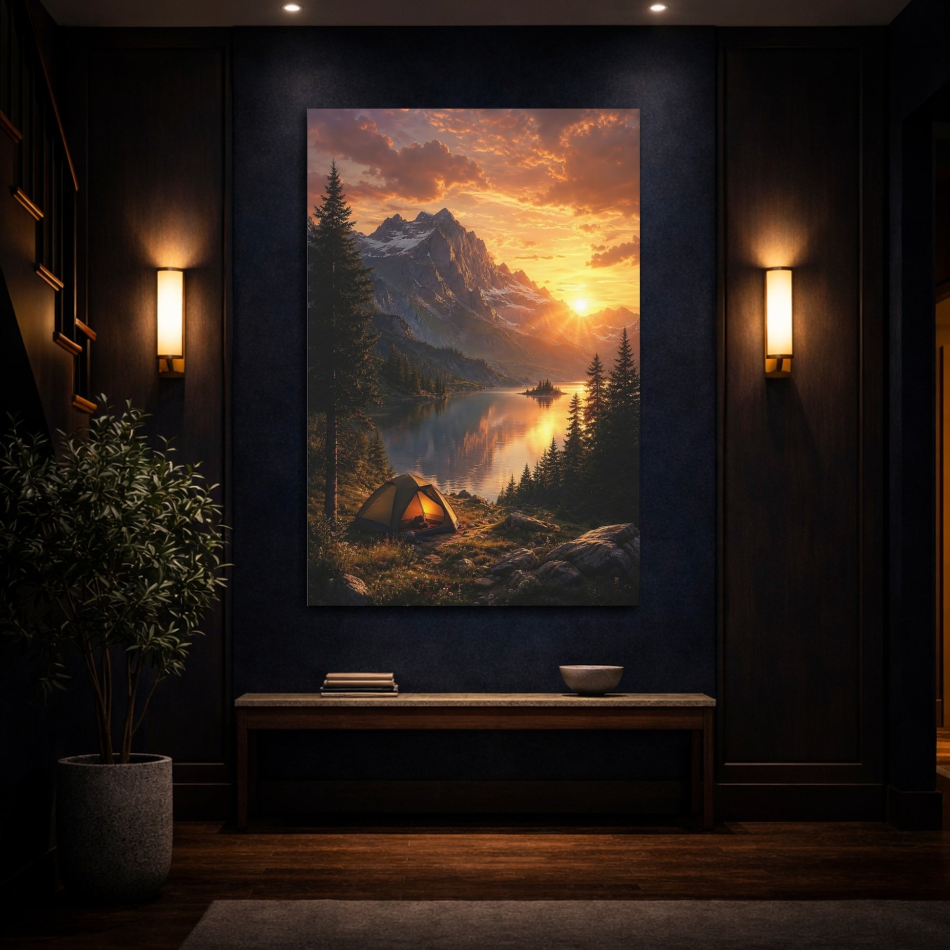 Mockup 4. Nature Mountain Lake Golden Sunset shown as stretched canvas wall art