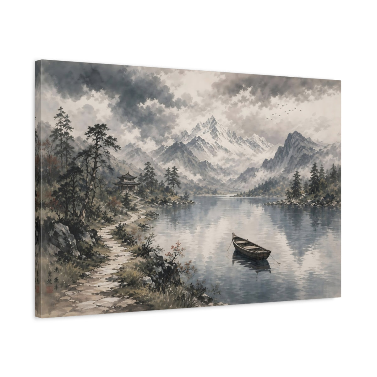 Side Mockup 2. Nature Mountain Lake Gray And Blue shown as stretched canvas wall art